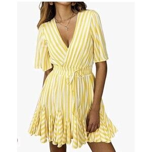 Pretty Garden Womens XL Yellow Striped Wrap Dress Elastic Waist Flowy Boho...